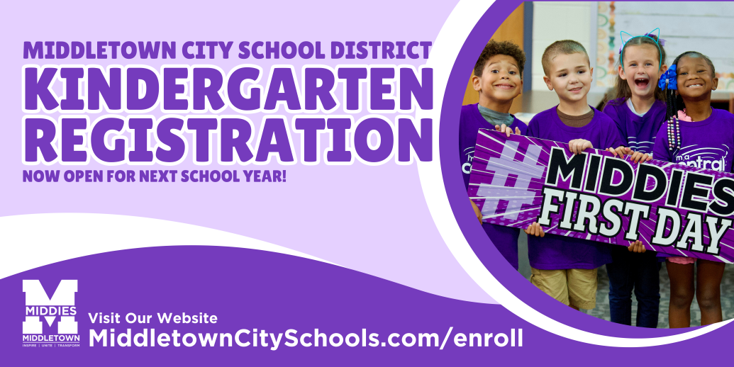 text that says registration is open and includes the district website information, there is a photo of 4 students smiling for the camera